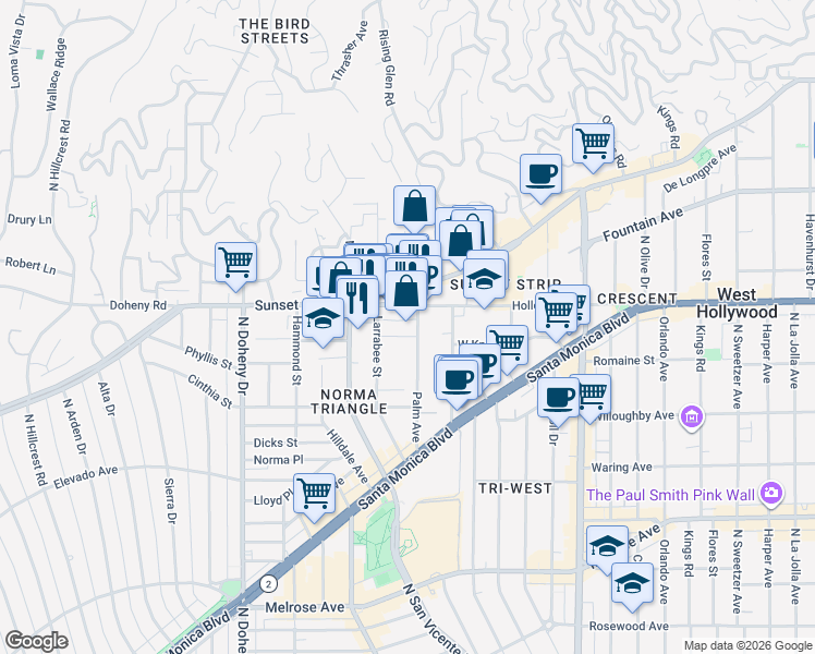 map of restaurants, bars, coffee shops, grocery stores, and more near 1011 Palm Avenue in West Hollywood