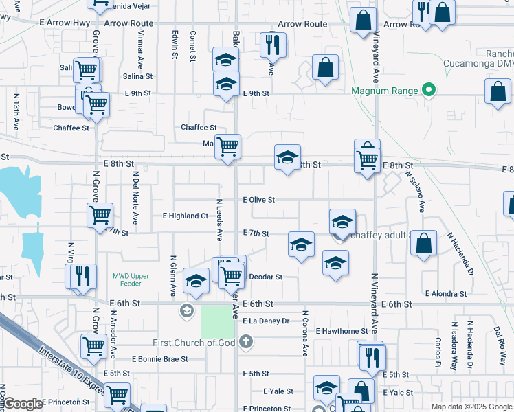 map of restaurants, bars, coffee shops, grocery stores, and more near 1655 East Olive Street in Ontario