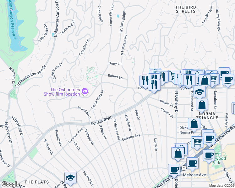 map of restaurants, bars, coffee shops, grocery stores, and more near 430 Doheny Road in Beverly Hills