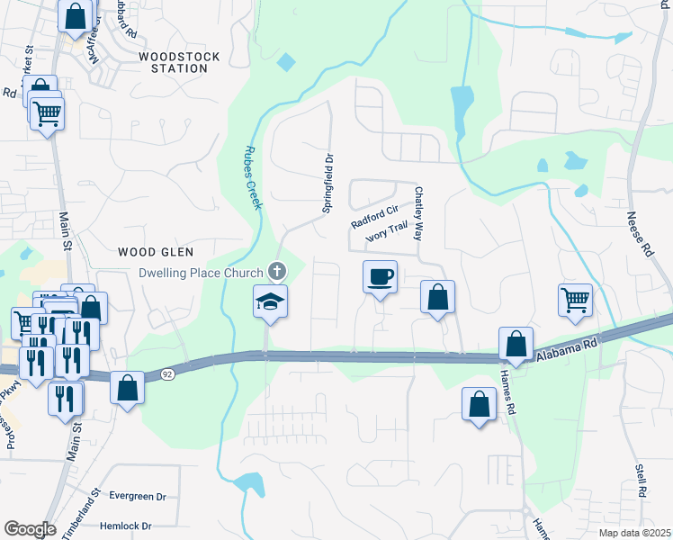 map of restaurants, bars, coffee shops, grocery stores, and more near 315 Lakeside Lane in Woodstock