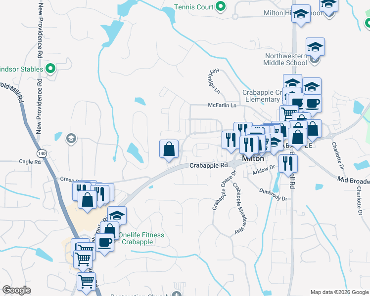 map of restaurants, bars, coffee shops, grocery stores, and more near 12629 Lecoma Trace in Milton