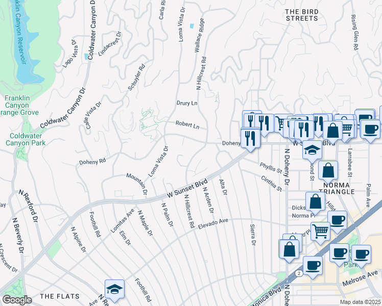 map of restaurants, bars, coffee shops, grocery stores, and more near 811 North Hillcrest Road in Beverly Hills