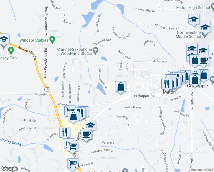 map of restaurants, bars, coffee shops, grocery stores, and more near 12720 Morningpark Circle in Alpharetta