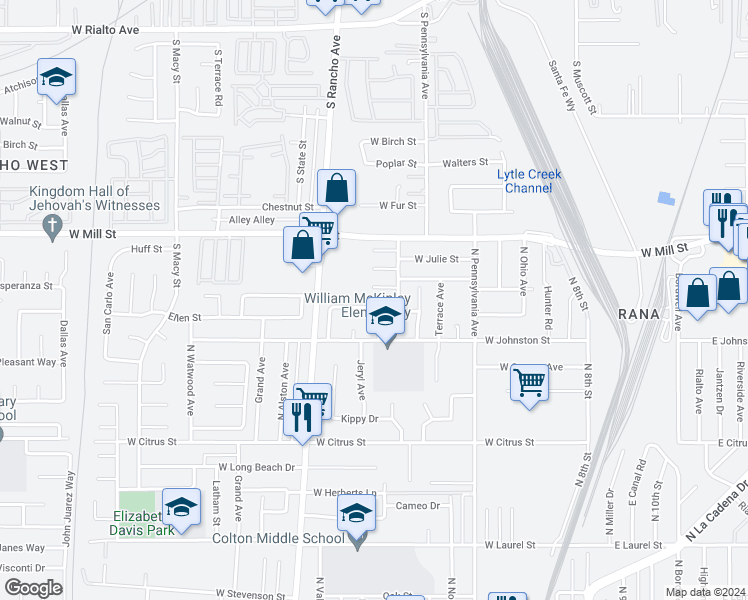 map of restaurants, bars, coffee shops, grocery stores, and more near 1828 Evelyn Circle in Colton