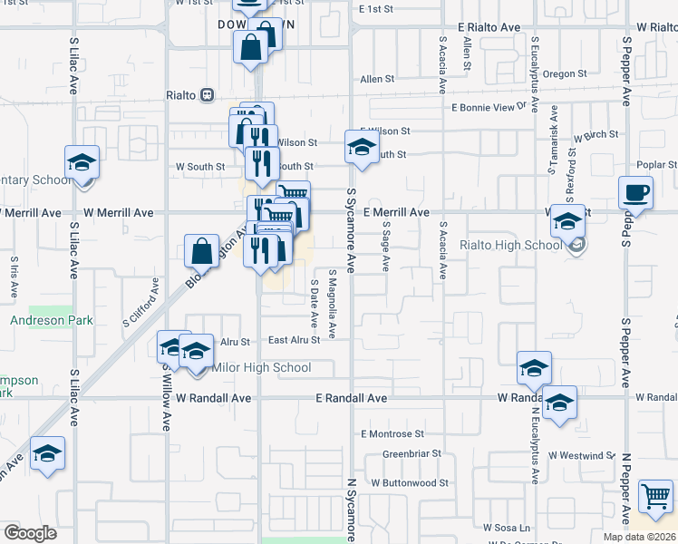 map of restaurants, bars, coffee shops, grocery stores, and more near 311 East Carter Street in Rialto