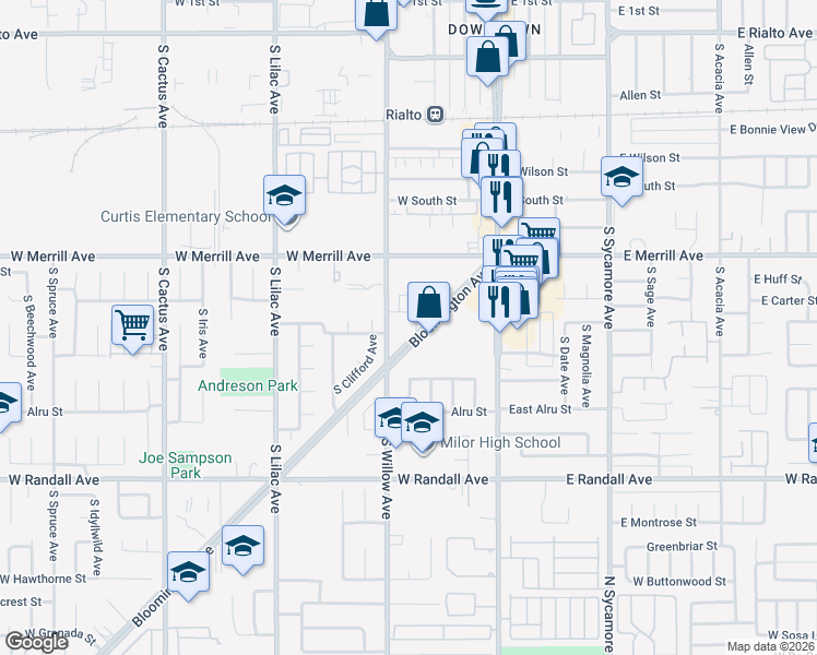 map of restaurants, bars, coffee shops, grocery stores, and more near 602 South Benjamin Street in Rialto