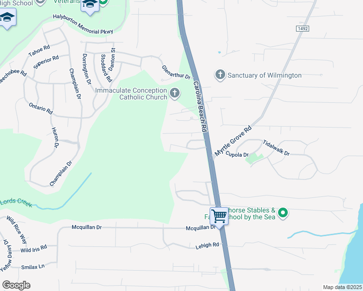 map of restaurants, bars, coffee shops, grocery stores, and more near 6748 Carolina Beach Road in Wilmington