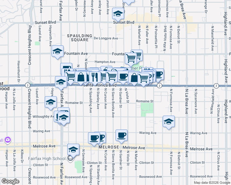 map of restaurants, bars, coffee shops, grocery stores, and more near 1065 North Sierra Bonita Avenue in West Hollywood