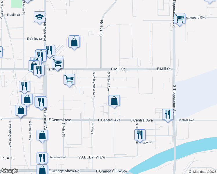map of restaurants, bars, coffee shops, grocery stores, and more near East Santa Fe Street in San Bernardino