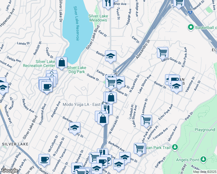 map of restaurants, bars, coffee shops, grocery stores, and more near 2203 Edendale Lane in Los Angeles
