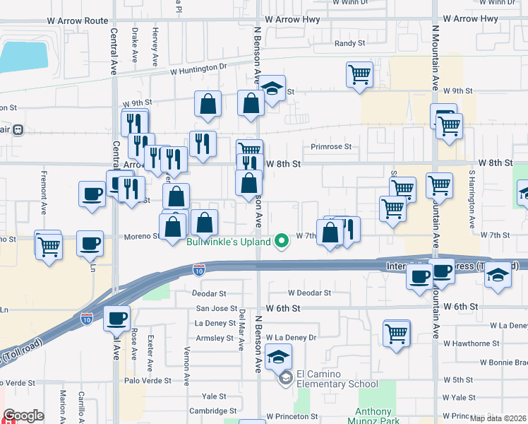 map of restaurants, bars, coffee shops, grocery stores, and more near 1539 West 7th Street in Upland