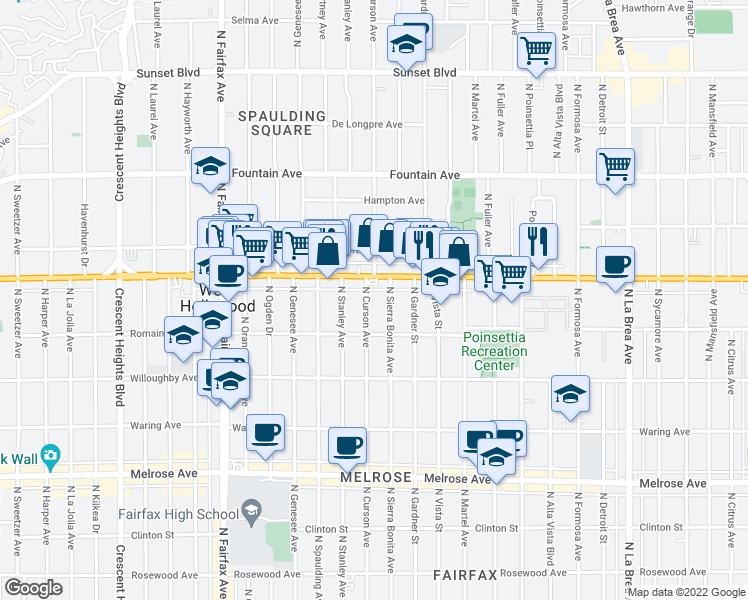 map of restaurants, bars, coffee shops, grocery stores, and more near 1065 North Sierra Bonita Avenue in West Hollywood