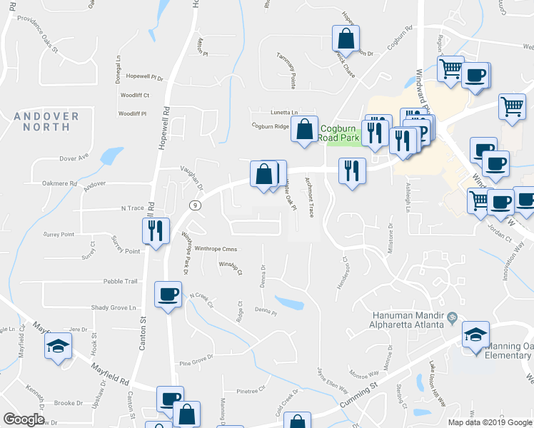 map of restaurants, bars, coffee shops, grocery stores, and more near 915 Winthrope Chase Court in Alpharetta