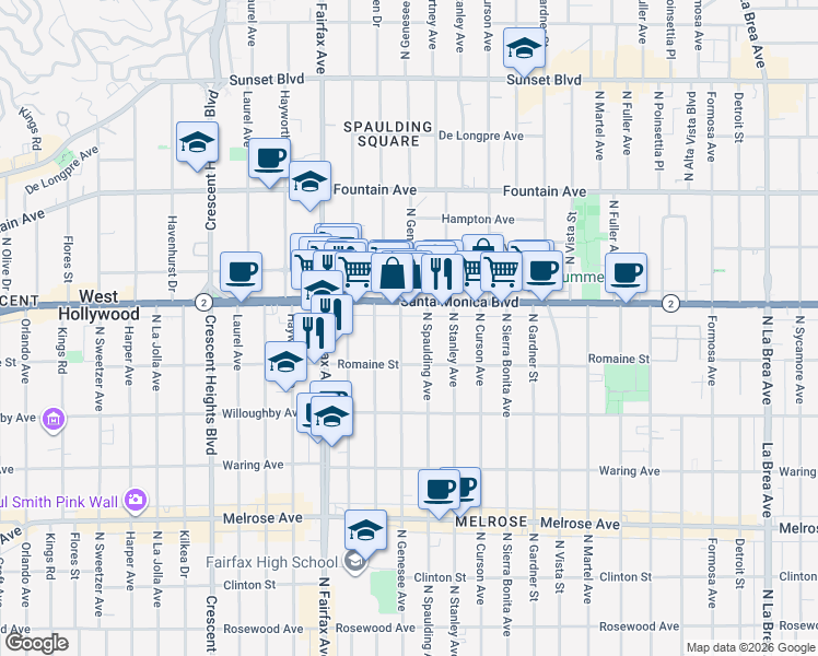 map of restaurants, bars, coffee shops, grocery stores, and more near in West Hollywood