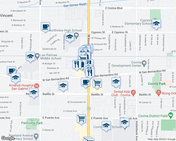 map of restaurants, bars, coffee shops, grocery stores, and more near 538 North Azusa Avenue in Covina