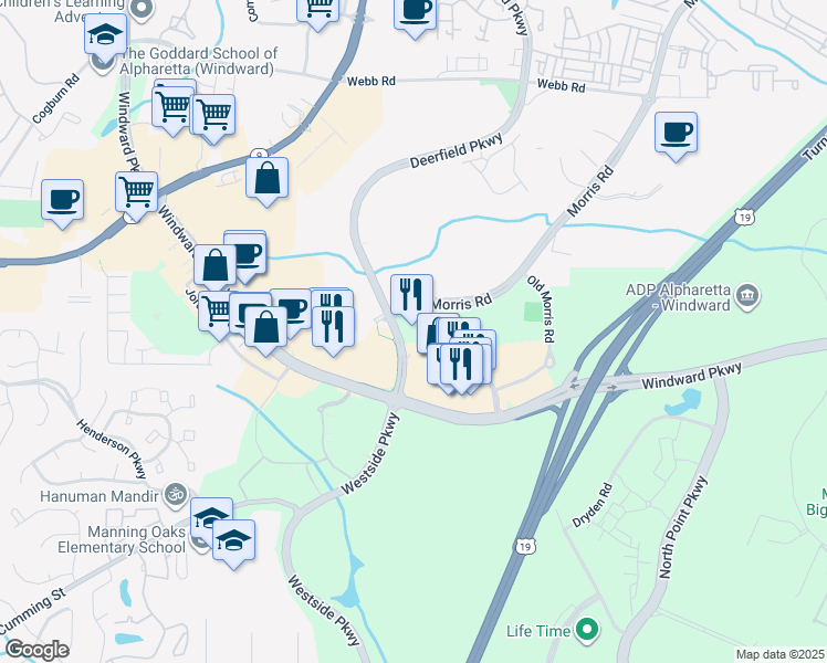 map of restaurants, bars, coffee shops, grocery stores, and more near 12655 Deerfield Parkway in Alpharetta