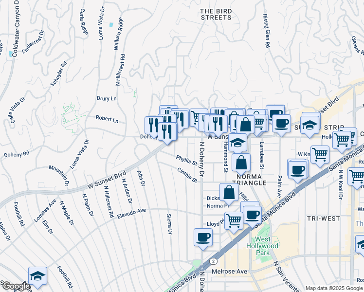 map of restaurants, bars, coffee shops, grocery stores, and more near 1033 Carol Drive in West Hollywood