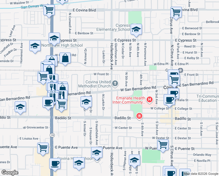 map of restaurants, bars, coffee shops, grocery stores, and more near in Covina