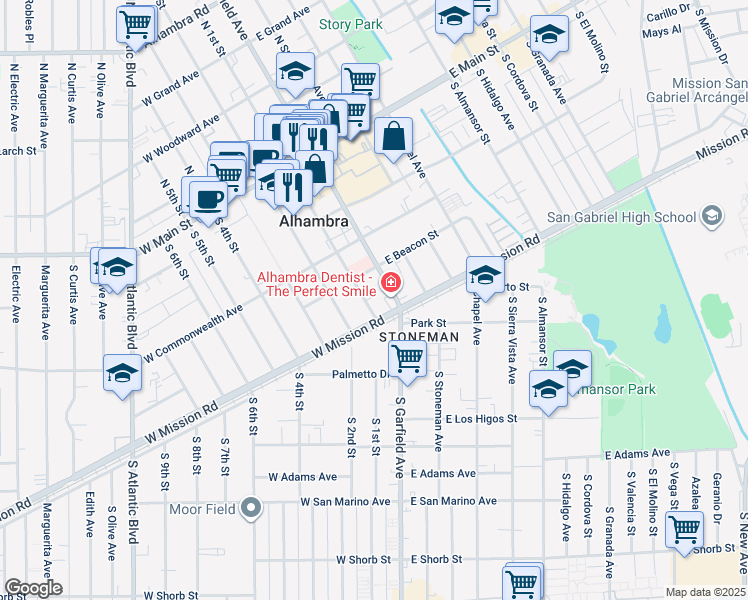 map of restaurants, bars, coffee shops, grocery stores, and more near 420 South Garfield Avenue in Alhambra