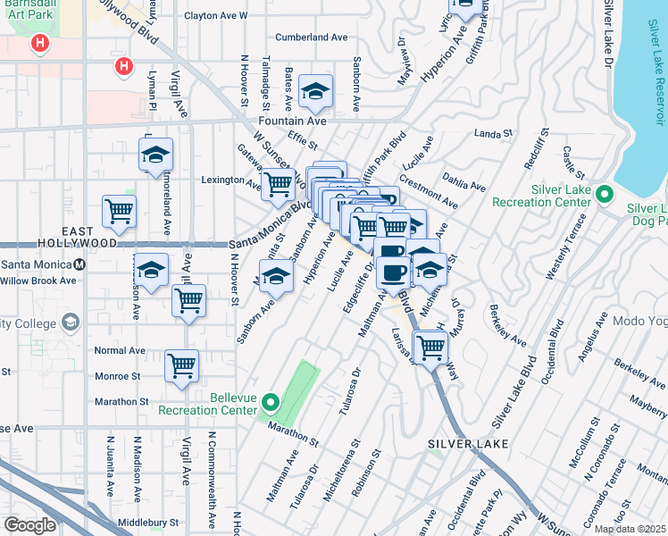 map of restaurants, bars, coffee shops, grocery stores, and more near 1437 Lucile Avenue in Los Angeles