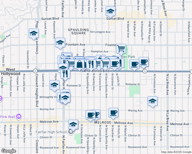 map of restaurants, bars, coffee shops, grocery stores, and more near in West Hollywood