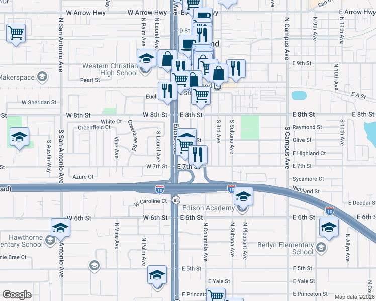 map of restaurants, bars, coffee shops, grocery stores, and more near 116 Olive Street in Upland