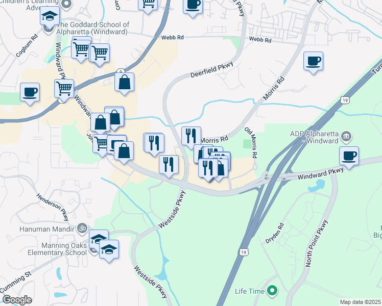 map of restaurants, bars, coffee shops, grocery stores, and more near 12655 Deerfield Parkway in Alpharetta