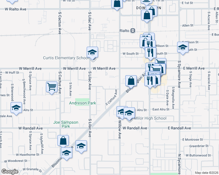 map of restaurants, bars, coffee shops, grocery stores, and more near 604 South Millard Avenue in Rialto
