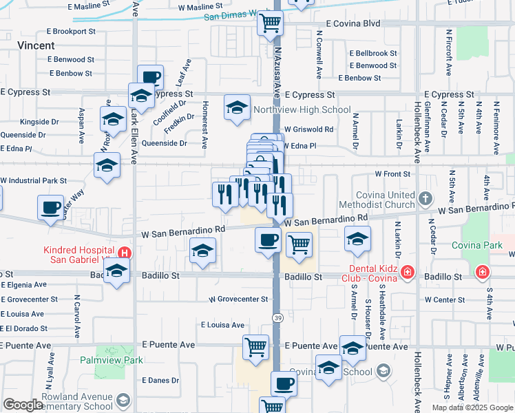 map of restaurants, bars, coffee shops, grocery stores, and more near 557 North Azusa Avenue in Covina