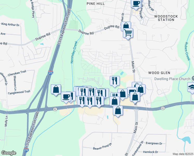 map of restaurants, bars, coffee shops, grocery stores, and more near 310 Creekstone Ridge in Woodstock