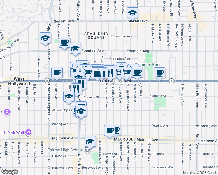 map of restaurants, bars, coffee shops, grocery stores, and more near in West Hollywood