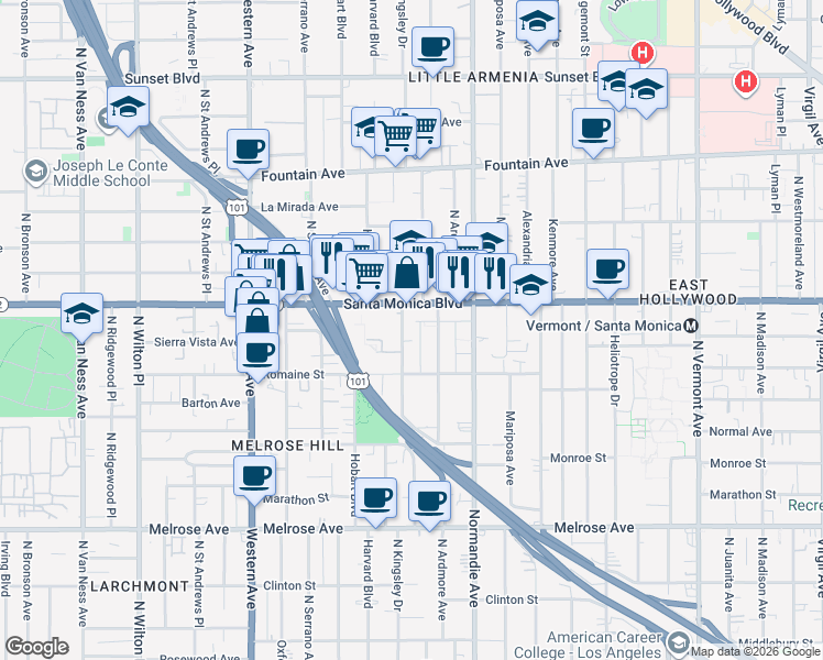 map of restaurants, bars, coffee shops, grocery stores, and more near 5206 Santa Monica Boulevard in Los Angeles