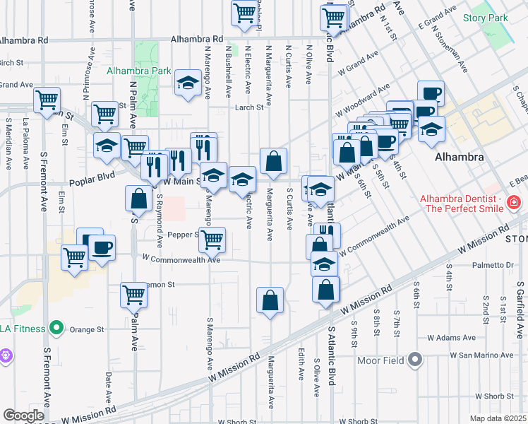 map of restaurants, bars, coffee shops, grocery stores, and more near 105 Marguerita Avenue in Alhambra