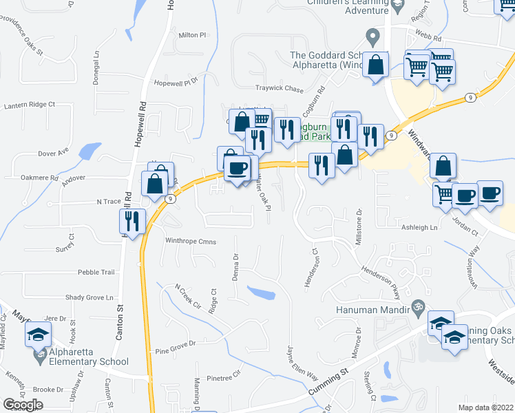 map of restaurants, bars, coffee shops, grocery stores, and more near 1255 Winthrope Chase Dr in Alpharetta