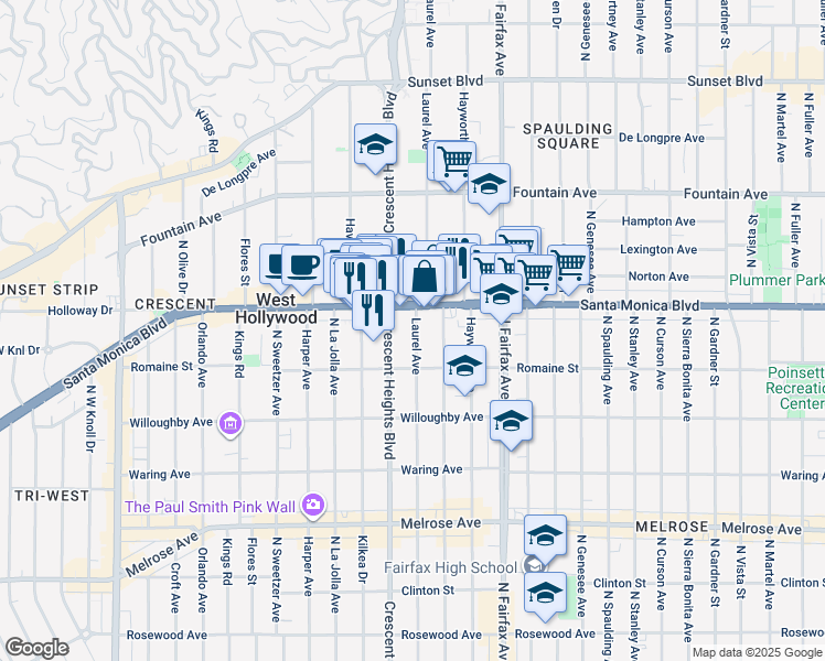 map of restaurants, bars, coffee shops, grocery stores, and more near 1037 North Laurel Avenue in Los Angeles