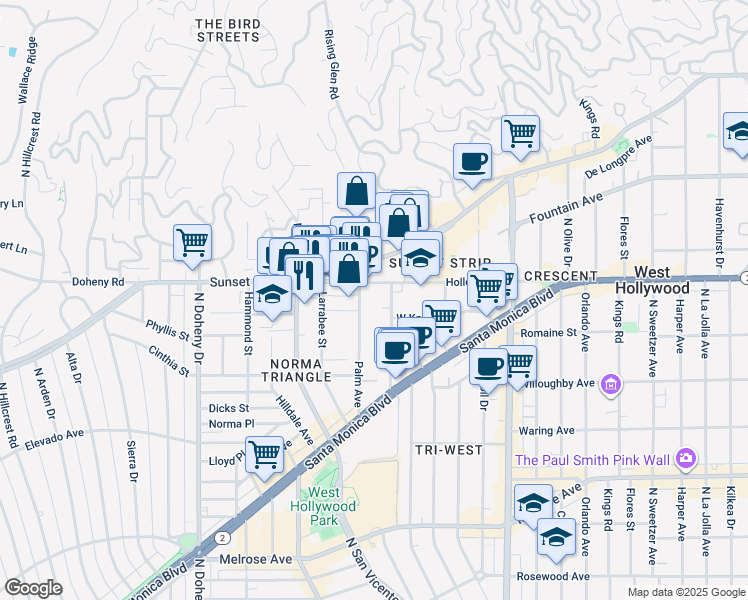 map of restaurants, bars, coffee shops, grocery stores, and more near 1010 Palm Avenue in West Hollywood