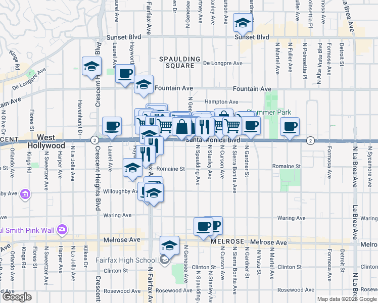 map of restaurants, bars, coffee shops, grocery stores, and more near 1040 North Genesee Avenue in West Hollywood