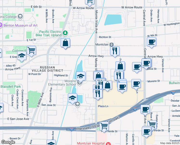map of restaurants, bars, coffee shops, grocery stores, and more near 4853 Olive Street in Montclair