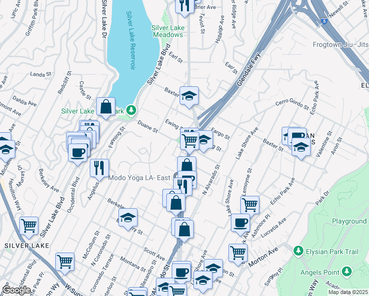 map of restaurants, bars, coffee shops, grocery stores, and more near 2205 Edendale Lane in Los Angeles