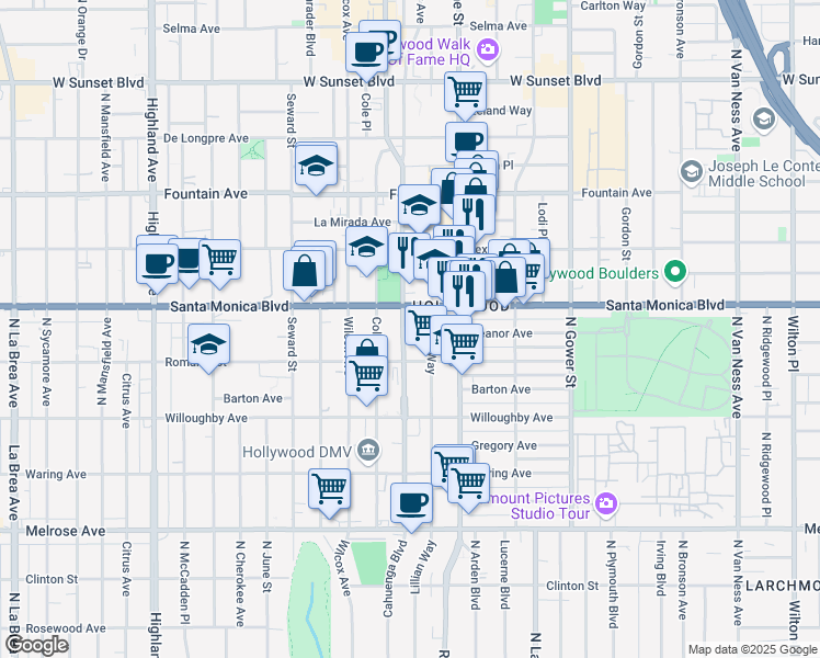 map of restaurants, bars, coffee shops, grocery stores, and more near in Los Angeles