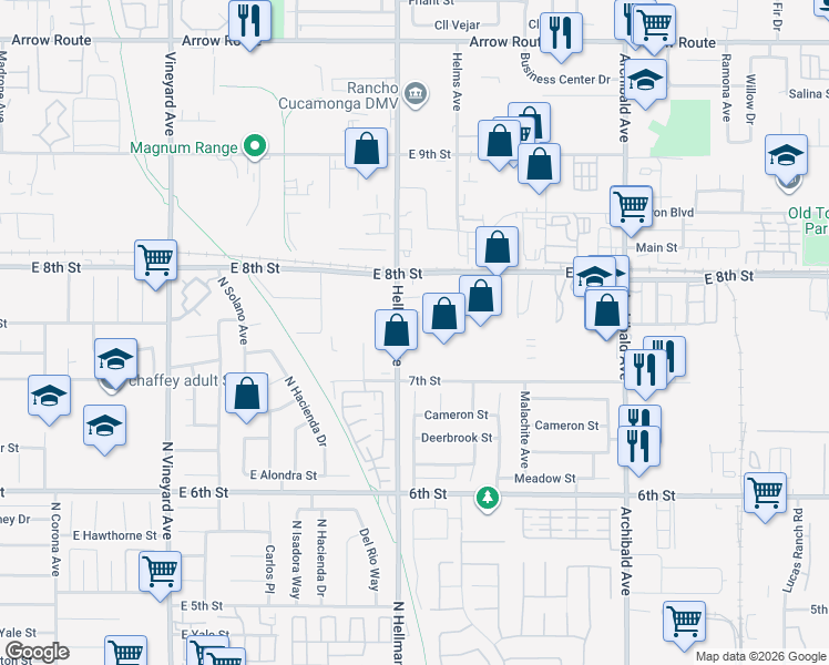 map of restaurants, bars, coffee shops, grocery stores, and more near 9350 7th Street in Rancho Cucamonga