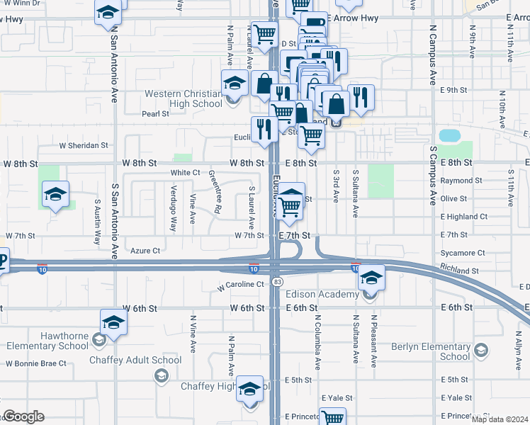 map of restaurants, bars, coffee shops, grocery stores, and more near 333 South Euclid Avenue in Upland