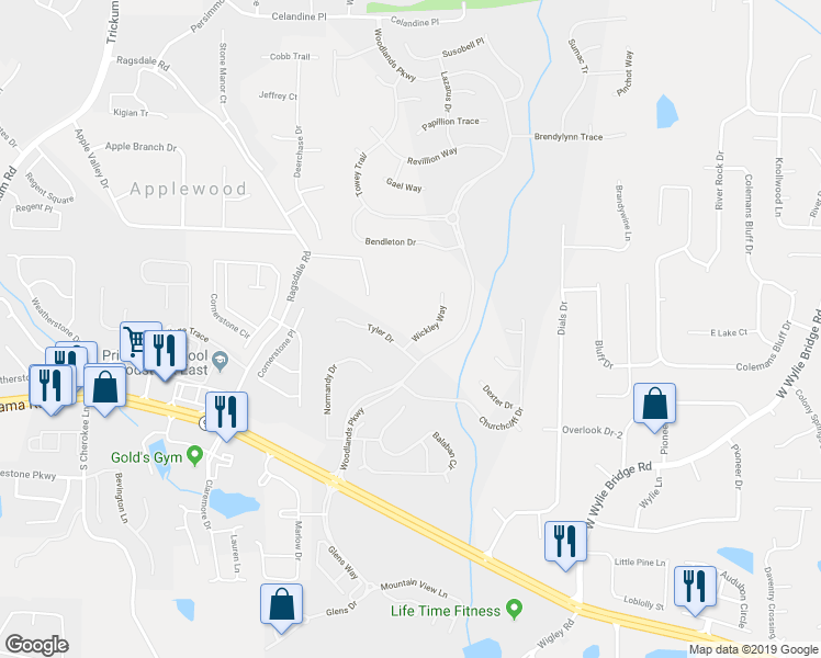 map of restaurants, bars, coffee shops, grocery stores, and more near 305 Wickley Way in Woodstock