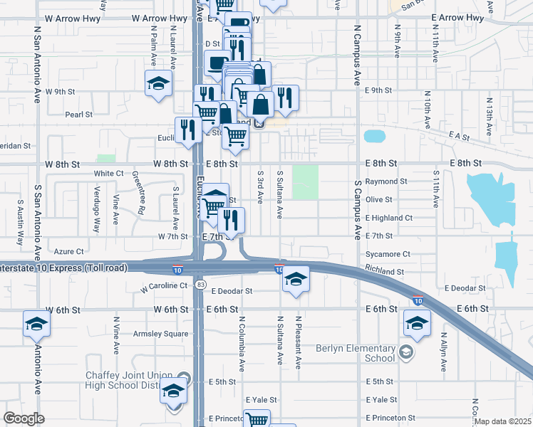 map of restaurants, bars, coffee shops, grocery stores, and more near 305 South Sultana Avenue in Upland
