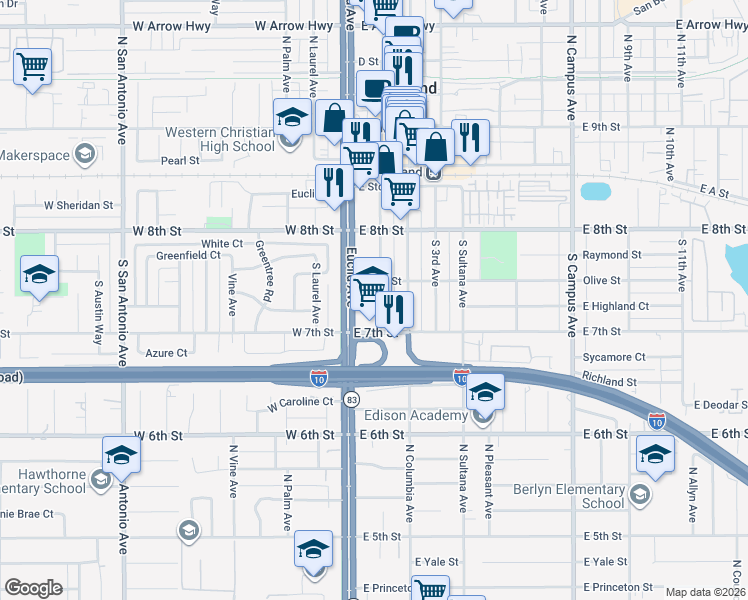 map of restaurants, bars, coffee shops, grocery stores, and more near 116 Olive Street in Upland
