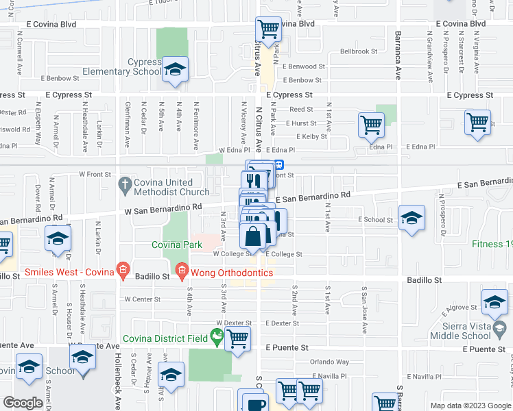 map of restaurants, bars, coffee shops, grocery stores, and more near in Covina