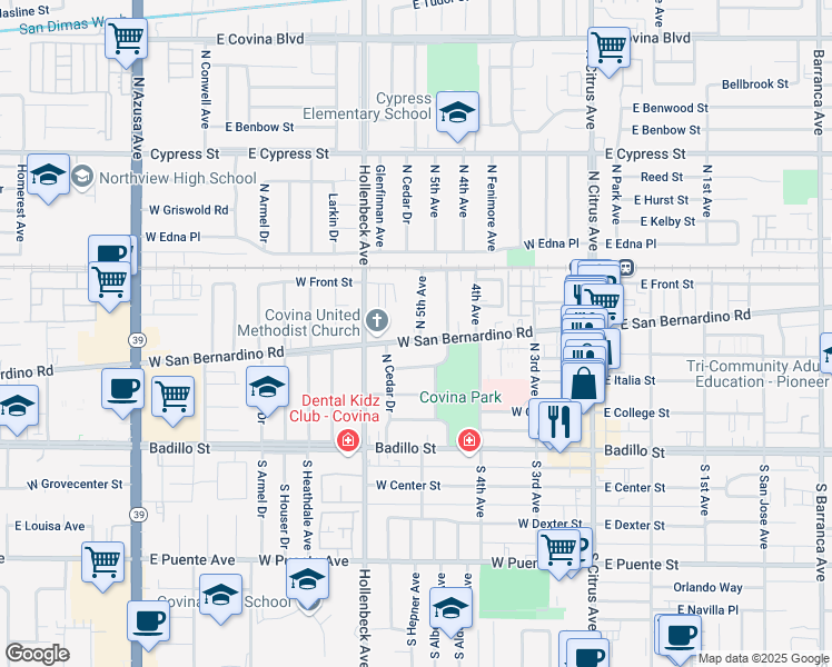 map of restaurants, bars, coffee shops, grocery stores, and more near 527 North 5th Avenue in Covina