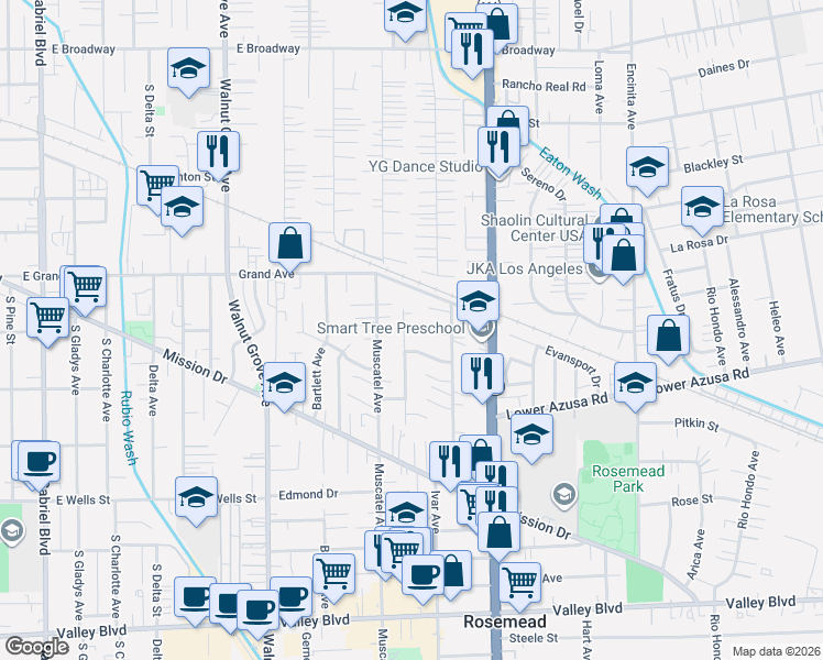 map of restaurants, bars, coffee shops, grocery stores, and more near 4743 Fendyke Avenue in Rosemead