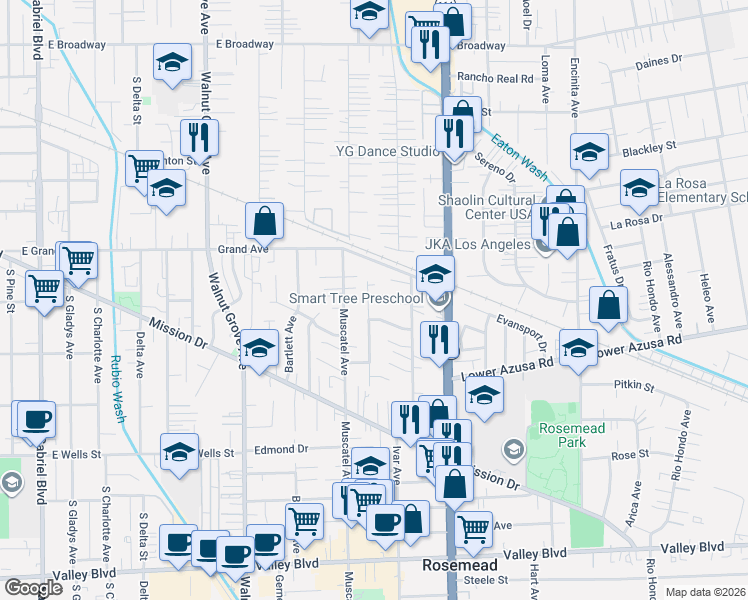 map of restaurants, bars, coffee shops, grocery stores, and more near 4743 Fendyke Avenue in Rosemead