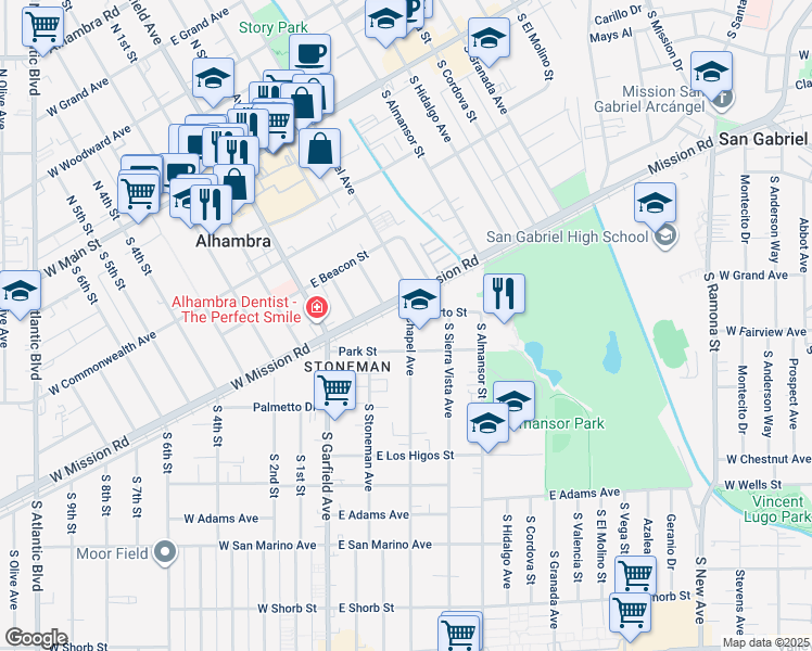 map of restaurants, bars, coffee shops, grocery stores, and more near in Alhambra